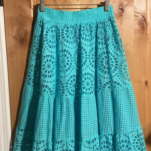 ALICE + OLIVIA Melony Sky Blue Eyelet Trim Lined Midi Skirt $560 EUC 0 - Picture 5 of 16